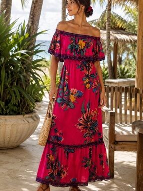 Flying Tomato Floral Maxi Dress Small Convertible Off Shoulder Boho Ruffle Vacay
